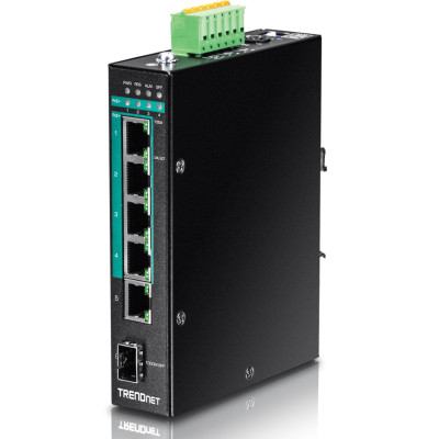 TRENDnet TI-PG541 6-Port Gigabit Ethernet Switch, 4 Gigabit PoE+, 1 Gigabit, & 1 SFP slot, 12 Gbps switching capacity, DIN-rail mount